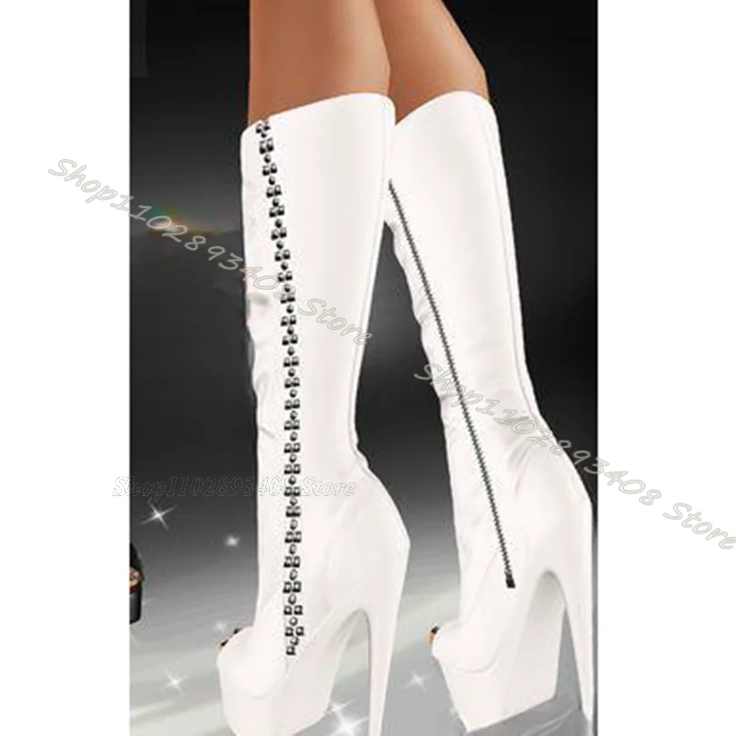 

White Platform Rivet Decor Boots Peep Toe Thin High Heels Side Zipper Shoes British Style Party Women Boots Zapatos Para Mujere