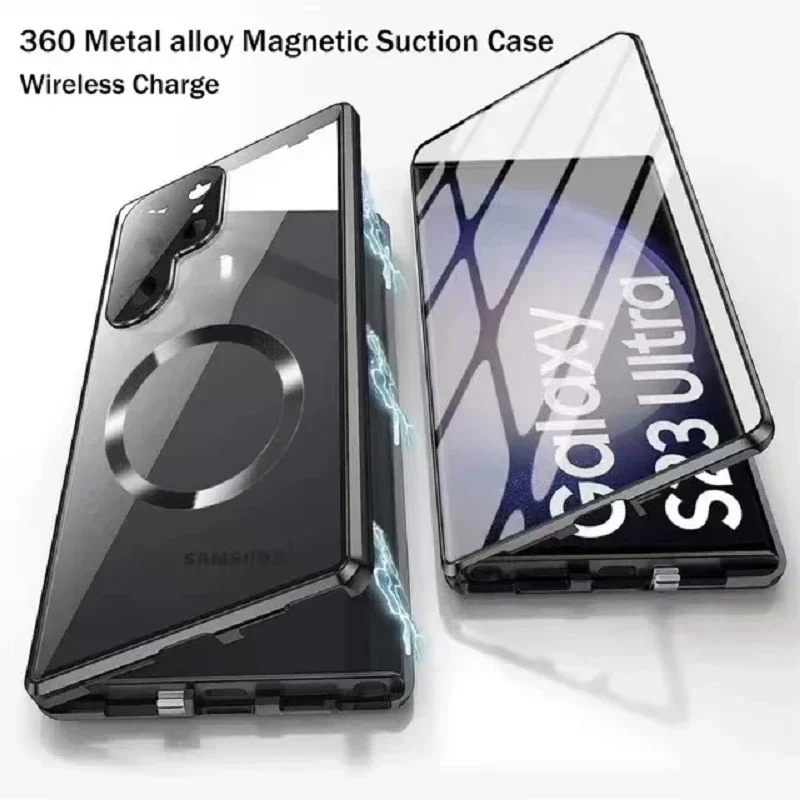 

Metal Aluminum Alloy Case With Safety Lock For Samsung Galaxy S24 S23 Plus Ultra S22 Lens Protection Double Sided Glass Cover