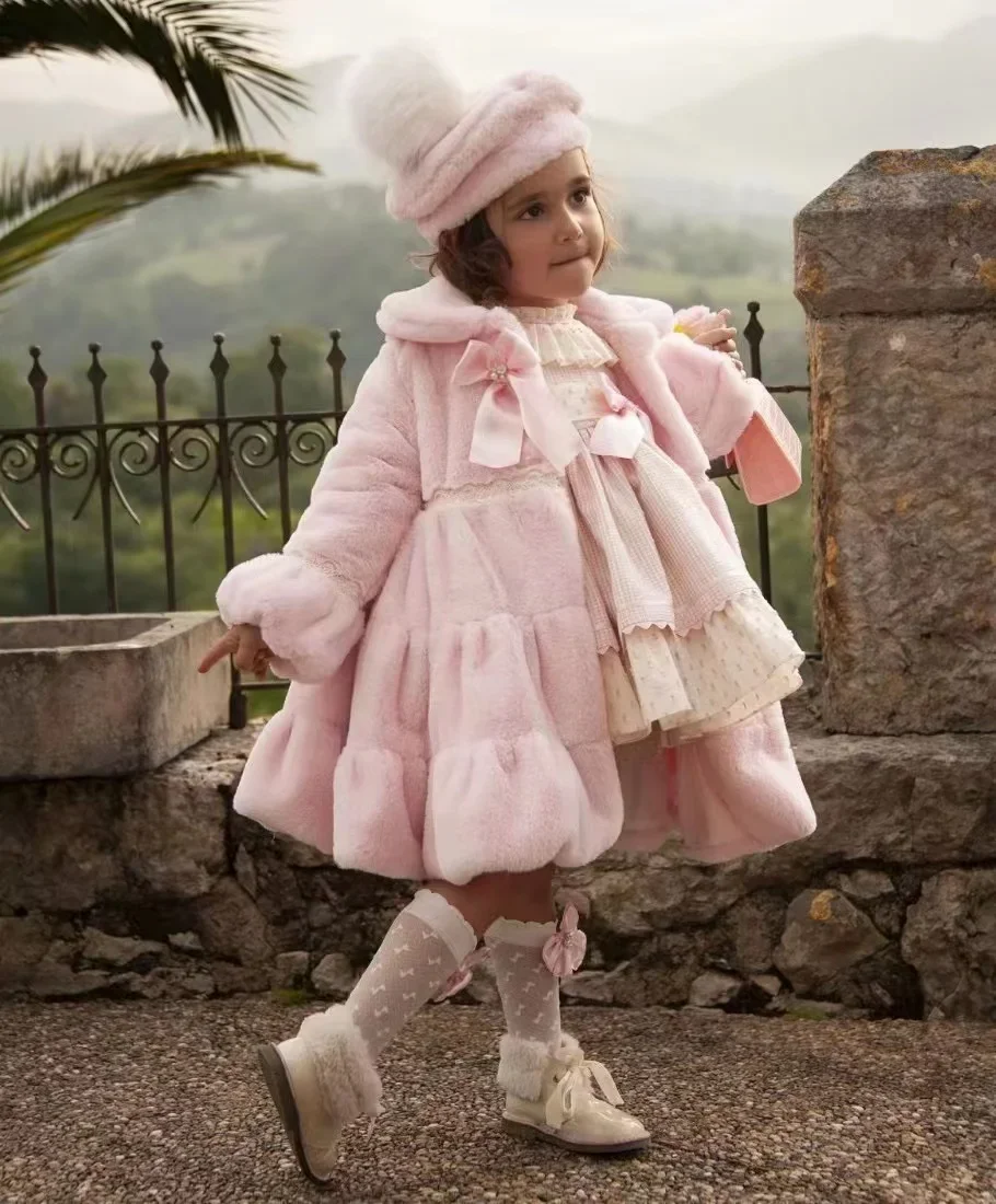 1-12Y Baby Girl Autumn Winter Pink White Fur Palace England Spanish Red Velvet Princess Wool Coat for  Casual Eied