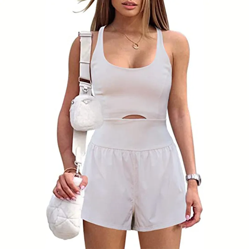 Women's Fashion Slim One-piece Yoga Shorts Summer Sports Fitness Comfortable Hollow Bodysuit Romper Jumpsuit Sportswear