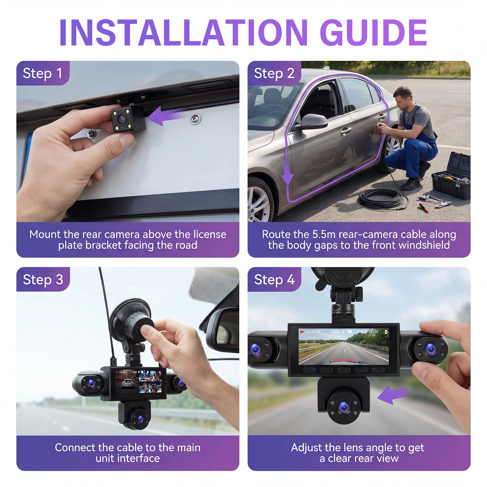 Caméra arrière de dashcam avec aide au recul