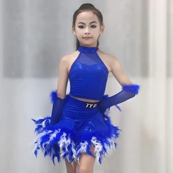 Girls Latin Dance Costume Blue Feather Competition Dress Kids Cha Cha Dance Performance Clothes Stage Dance Wear Sets DNV22045