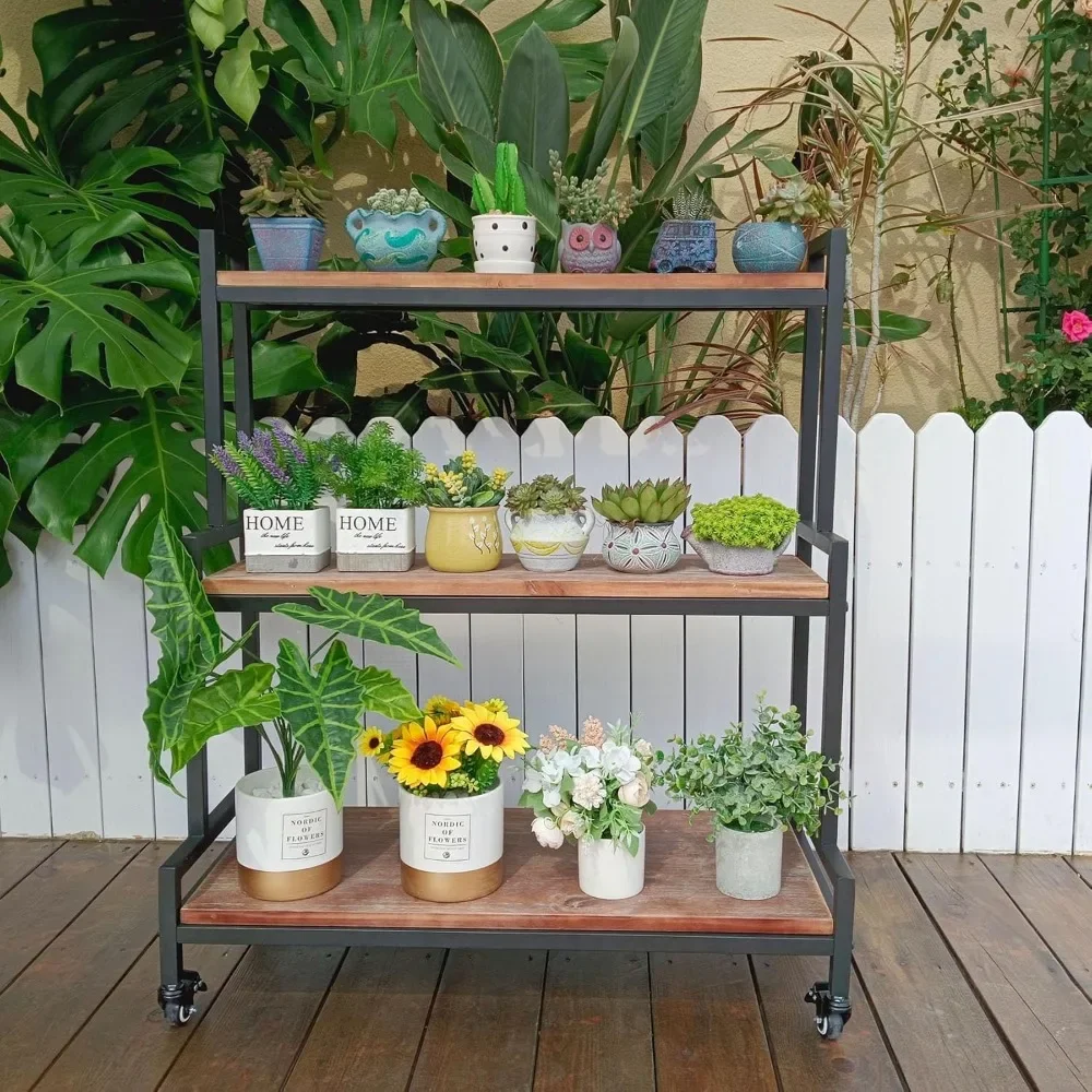 

Rustic Plant Stand With Wheels 37“ H, Rolling Plant Shelves Rack Indoor Outdoor,Industrial Ladder Plant Flower Shelf|