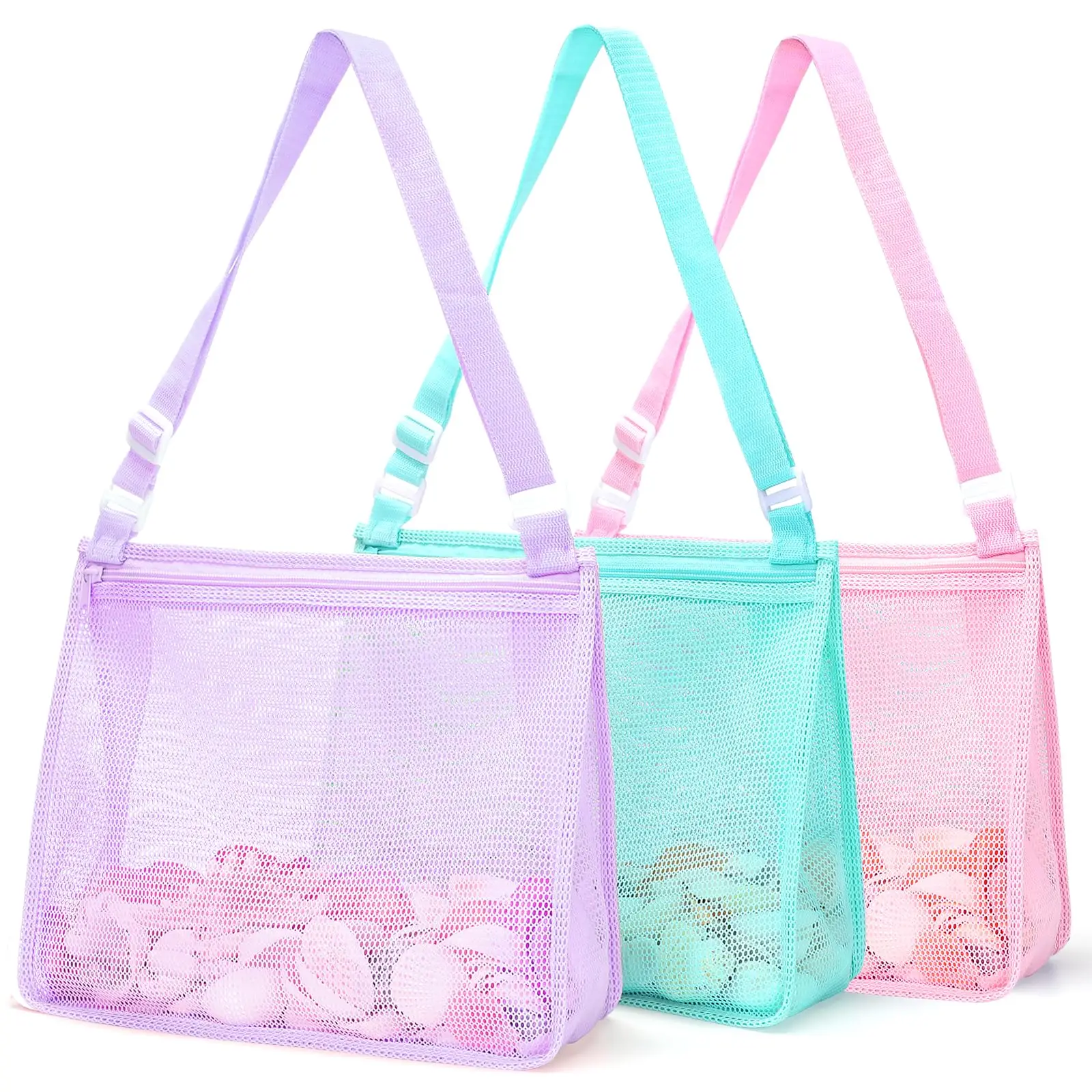 Mesh Beach Bag for Kids Sand Toys, 3 Pack Shell Collecting Bag for Beach Toys Seashell Swimming Accessories for Boys Girls
