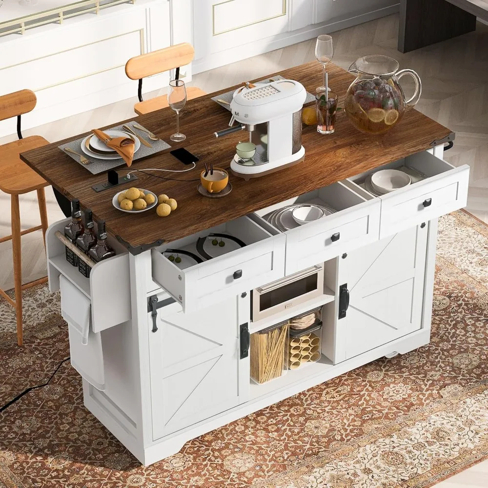

​53.7" Farmhouse Kitchen Island: Power Outlet & Sliding Barn Doors - Rustic Drop Leaf with Rolling Cart​