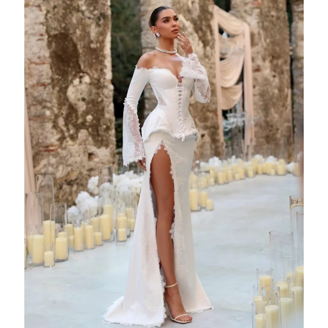 

Two Pieces Evening Dresses Off the Shoulder Lace Split Prom Gown Luxury Party Dress Long Sleeves Vestidos Customized