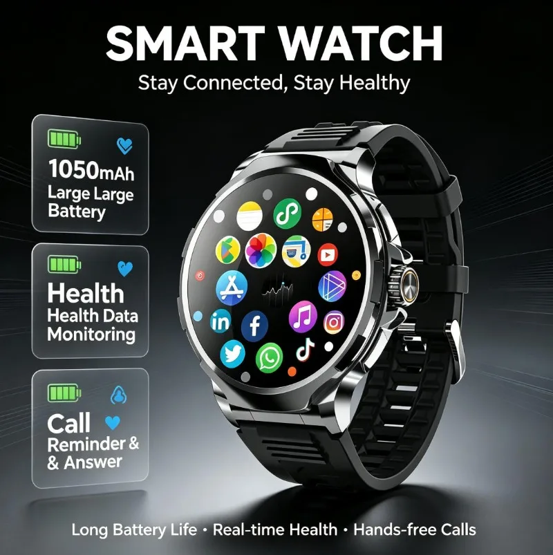 4G Full Netcom SIM Smart Watch Curved Eye-Care Large Screen Large Storage Health Monitor Call Reminder Sports Wristwatch
