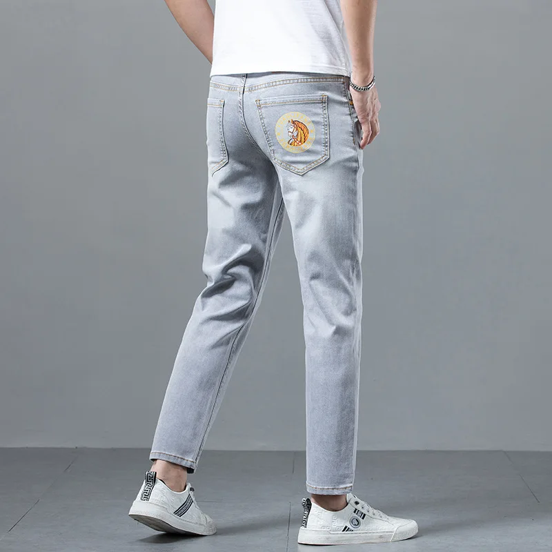 High-End Affordable Luxury Men's Cropped Jeans Summer Thin and Soft Breathable Casual Slim Fit Stretch Fashion Printed Pants