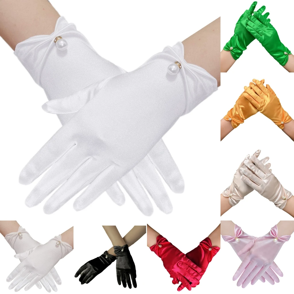 Guantes cortos de satén para novia, guantes de perlas para fiesta de té, disfraz de banquete, accesorios de Flapper de los años 20 para boda