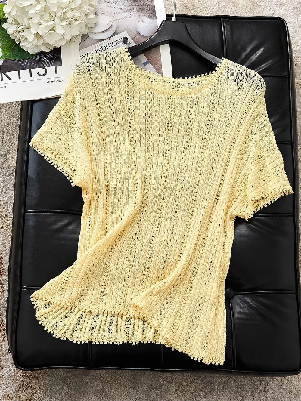 

Yellow Korean Sle Lazy Hollow out Trim Loose Slimming Thin Knitted Woolen ort Sve Top Comfortable Breathable Faionable
