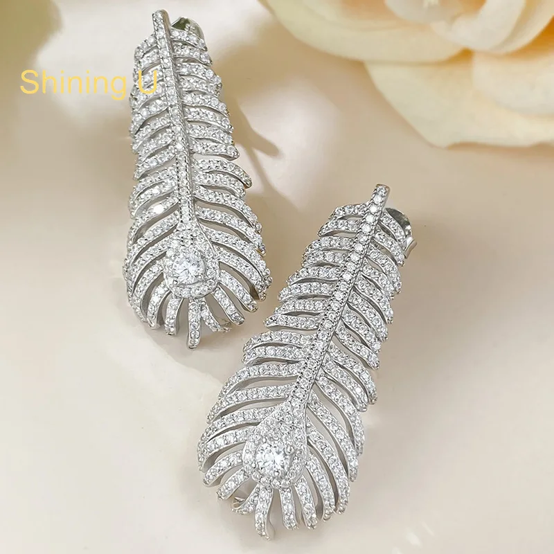 Shining U S925 Silver Feather Shape Drop Earrings for Women Fine Jewelry Wedding