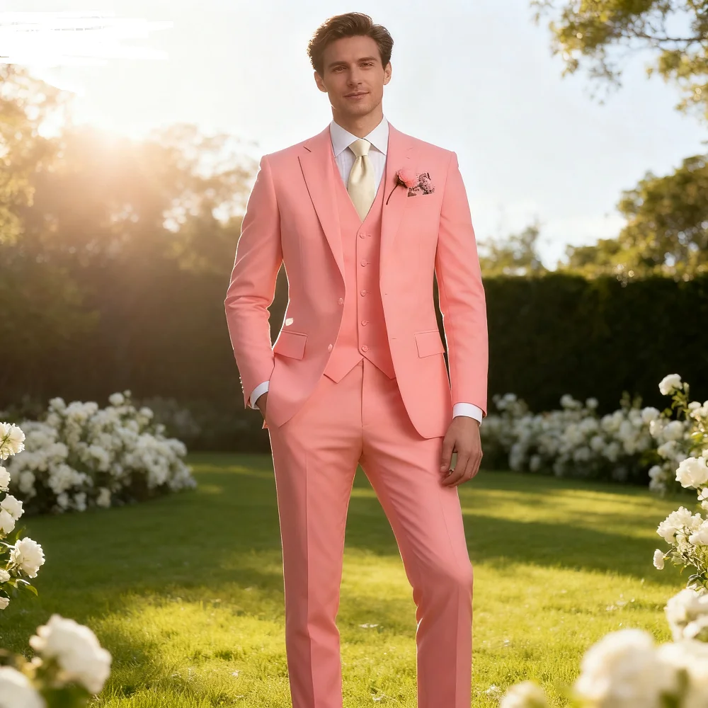 

Light Pink Wedding Men's Suit 3-Piece Slim Fit Formal Business Notch Lapel Blazer Tuxedo Groomsmen Set with Jacket Vest Pant