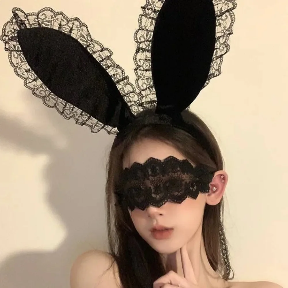 Sexy Halloween Lace Black Eye Mask Face Painting Dance Prop Black Rabbit Ear Lace Hair Ties Women Trendy Makeup Party Hairband