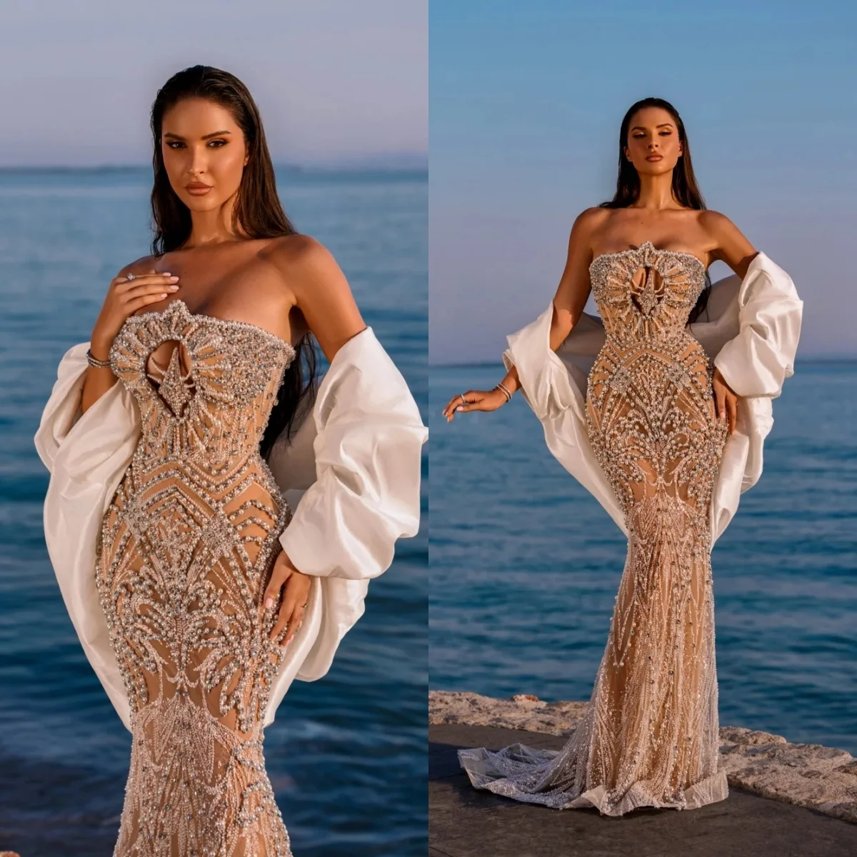 Fancy Mermaid Wedding Dresses Pearls Strapless Bridal Gowns with Cape Sequins Rhinestone Illusion Customized Vestidos De Novia
