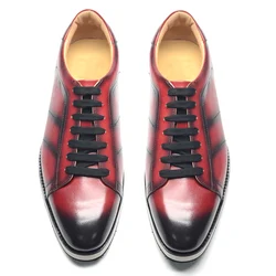 Men's Casual Dress Sneakers Genuine Leather Social Shoe Male Classic Sloid Lace Up Anti-slip Derby Skateboard Shoes Black Red