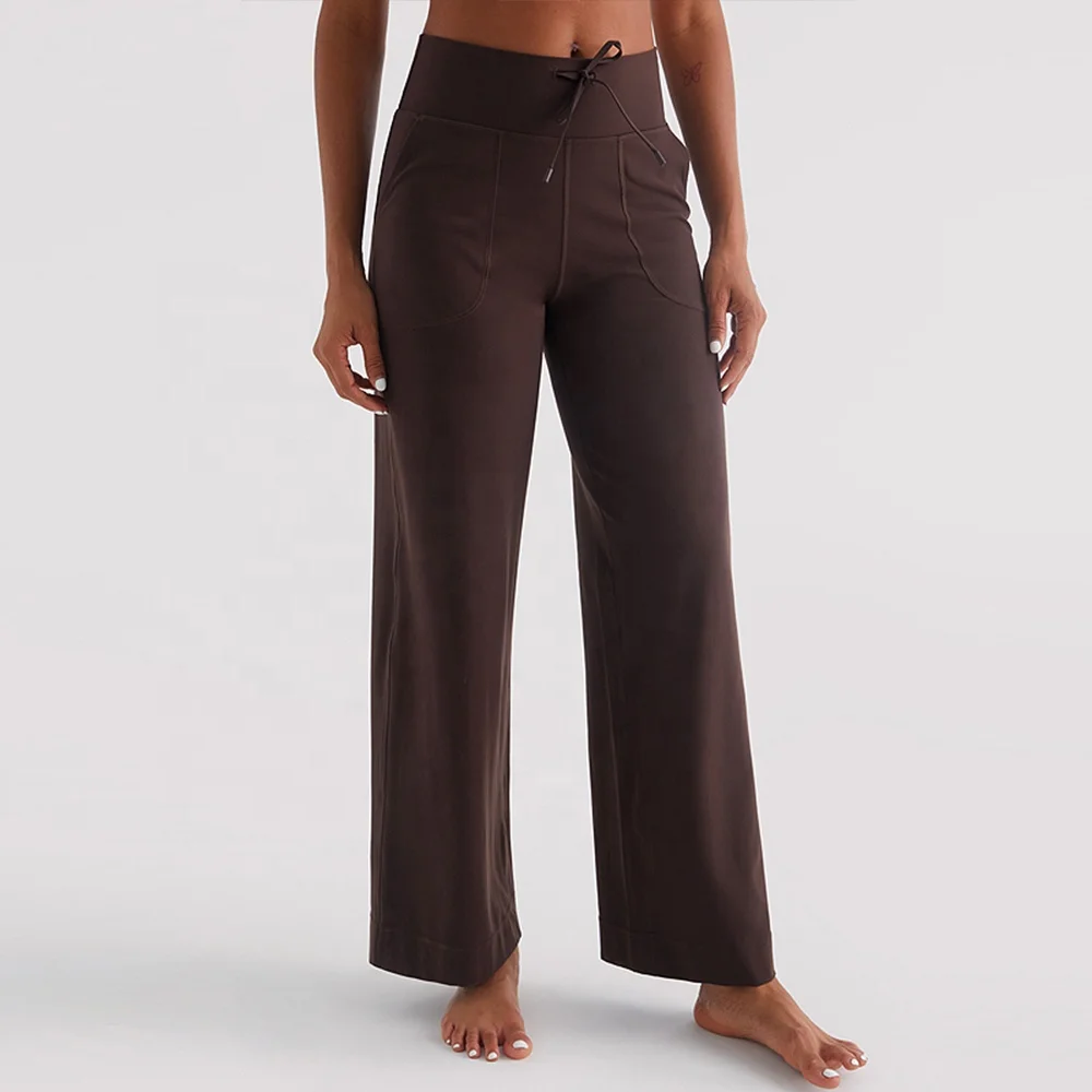 

Solid Color High-waisted Wide Leg Pants Women's Spring Loose Coffee Color Casual Straight Yoga Pants with Pockets Large Size
