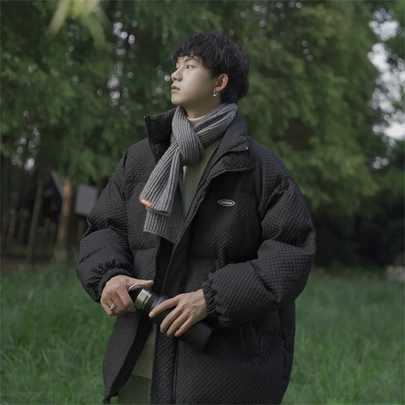 

Men's Winter Thiened Bread Sle Cotton Jaet y Loose Fit Diamond Patterned Youth Casual Cleanfit Zipper Closure