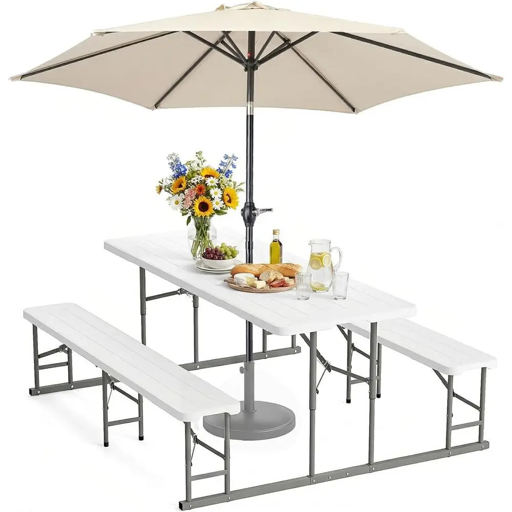 

Portable Outdoor Picnic Table Set with Benches and Umbrella, Ideal for Camping, Patio, Backyard, Wood-Grain Plastic Top, Metal F