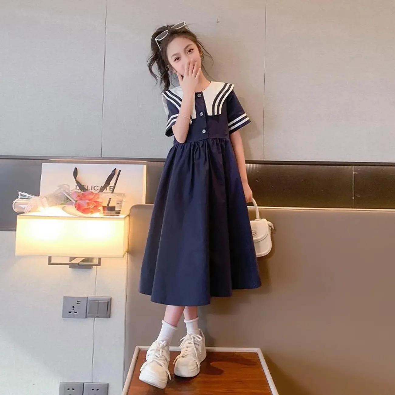 Girls' Pleated A-line Dress 2024 Summer New Girls'  Academy Style Collar Short Sleeve Long Dress