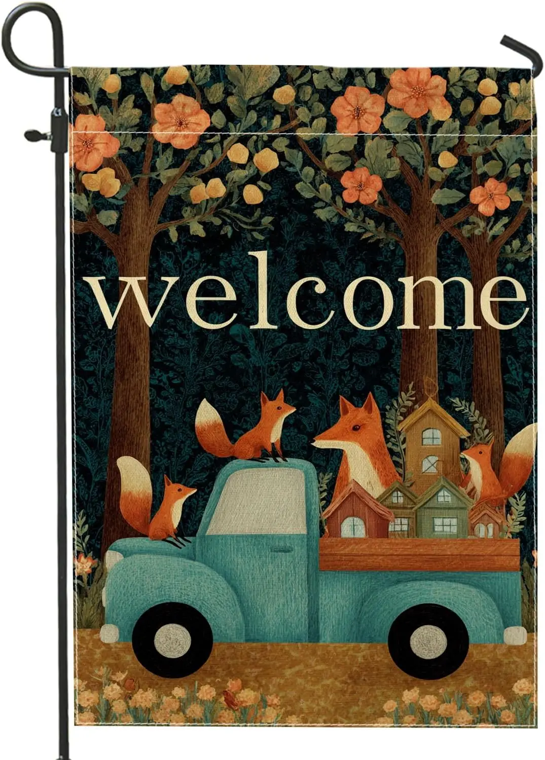 Autumn Welcome Garden Flag, Blue Truck with Foxes and Flowers Yard Banner, Double Sided Burlap Outdoor Lawn Decoration for F yyi