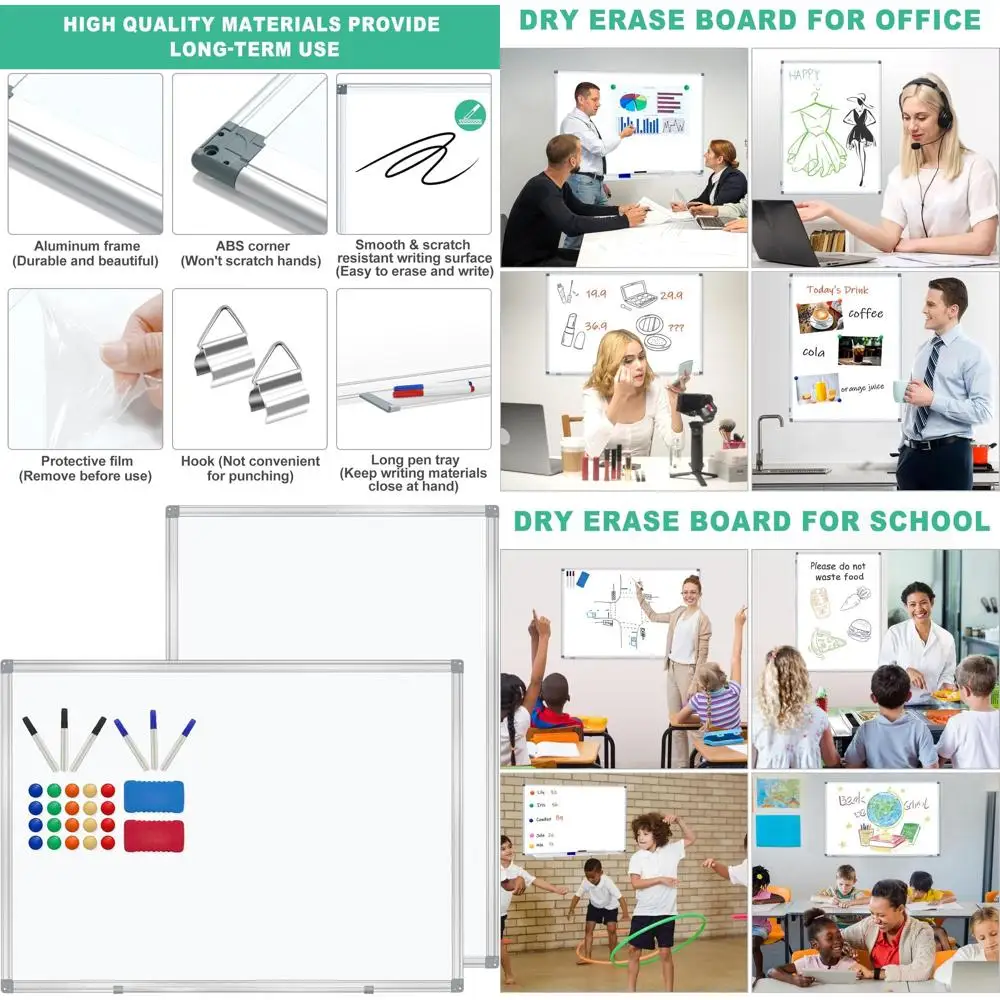

Pair of 36 x 24 Wall-Mounted Whiteboards with Magnetic Surface, 6 Markers, 20 Magnets, 2 Erasers for Home, Office, Classroom Use