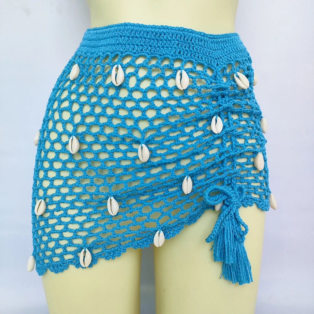 Women Beach Wear Swimsuit Cover-Ups Boho Summer See-Through Hollow Out Bandage High Waist Short Beach Skirt Crochet Knit Skirts