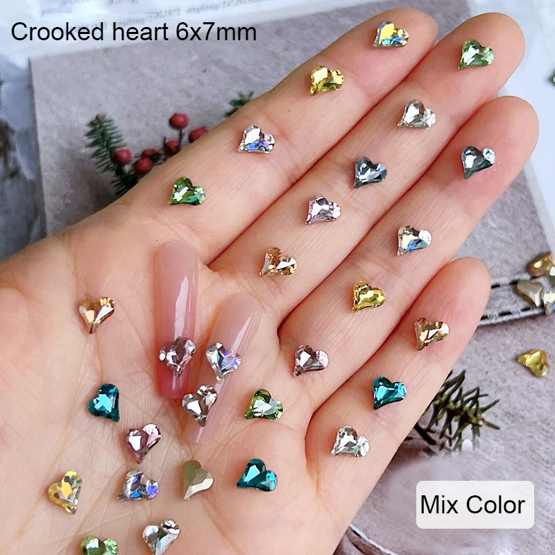 

6x7mm Small Crooked Peach Heart Nail Art Water Diamond Sharp Bottom Colored Crystal Glass Heart Fingernail DIY Accessories