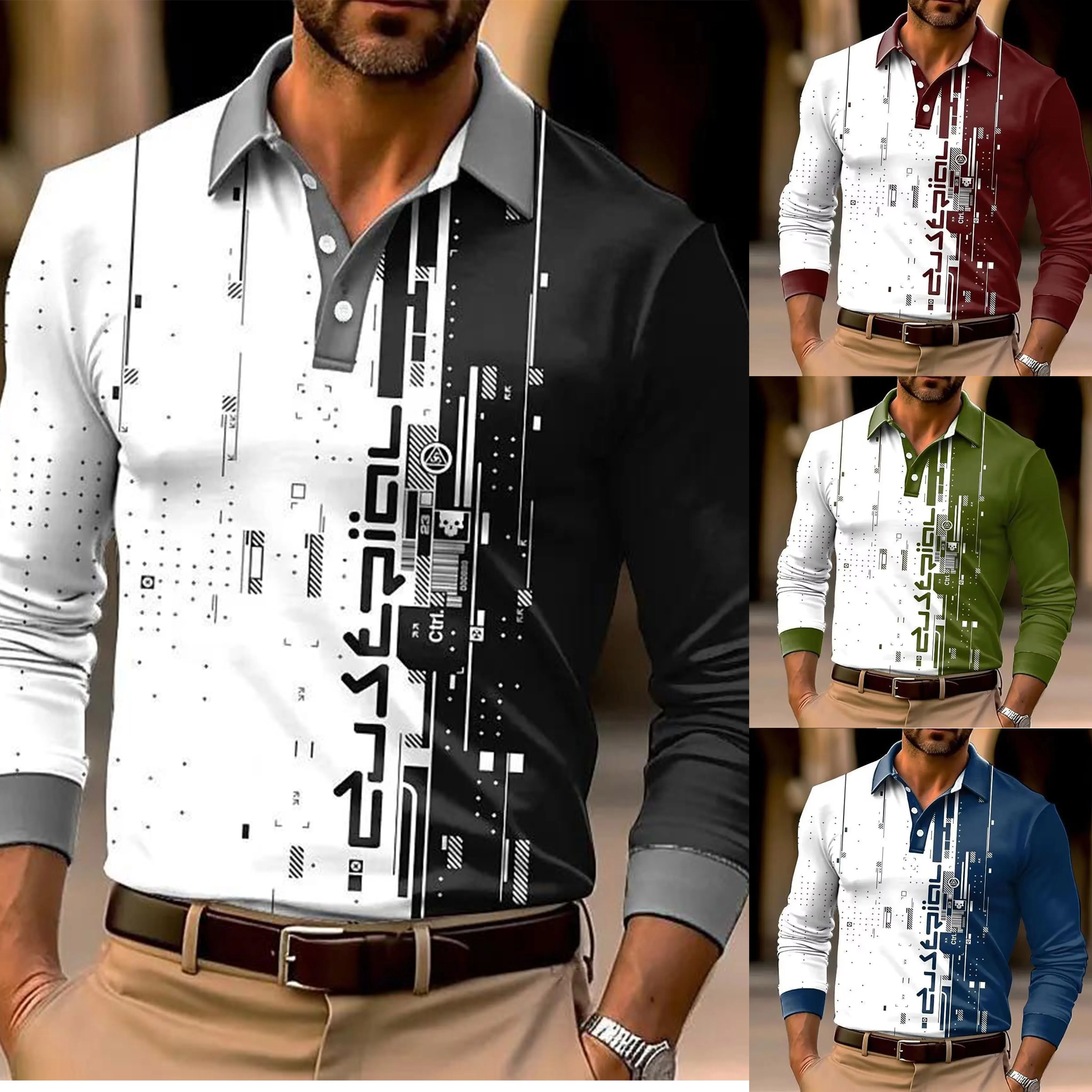 

Spring and Autumn Men's Long Sleeved Lapel Shirt Men's Fashion Color Blocked Golf Lapel Top 100% Polyester Bullet Sports Top