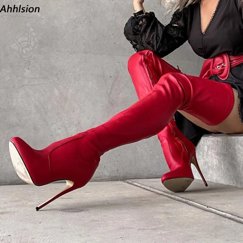 

Ahhlsion Handmade Women Spring Thigh Boots Sexy Stiletto Heels Round Toe Beautiful Red Party Shoes Ladies US Plus Size 5-20