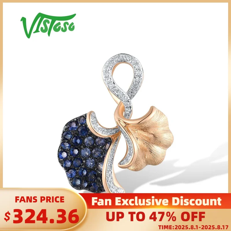 

VISTOSO Genuine 14K Rose Gold Pendant For Women Sparkling Diamond Blue Sappphire Elegant Leaf Trendy Gifts Fine Jewelry