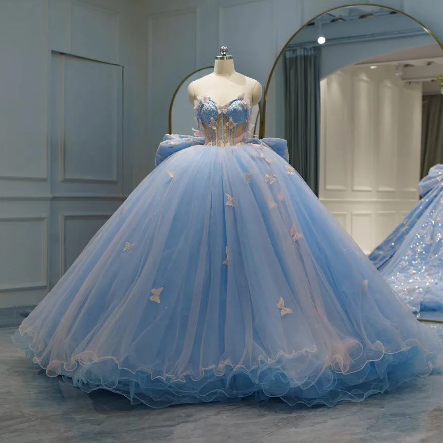 Sky Blue Big Bow Train Quinceanera Dresses Sweetheart Boning Corset Butterfly Gillter Beaded Vestidos de xv brillosos