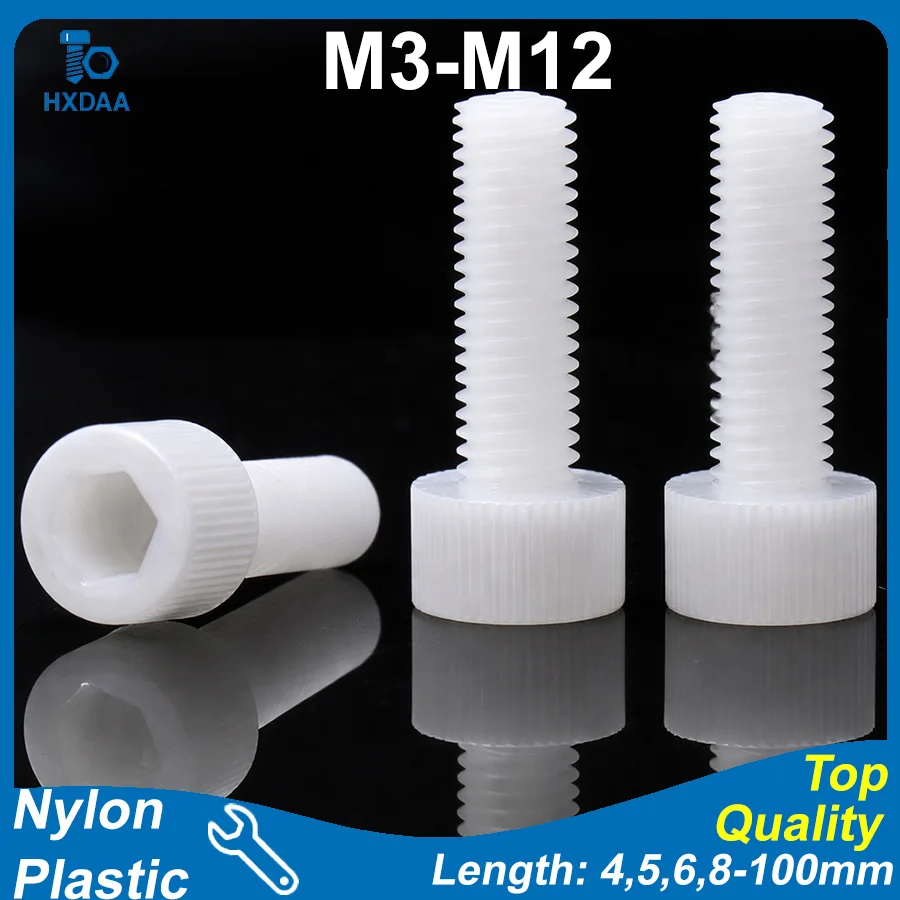 M3 M4 M5 M6 M8 M10 M12 Nylon Hex Socket Cap Screws Plastic Insulating Cylindrical Head White Bolts for Electronics