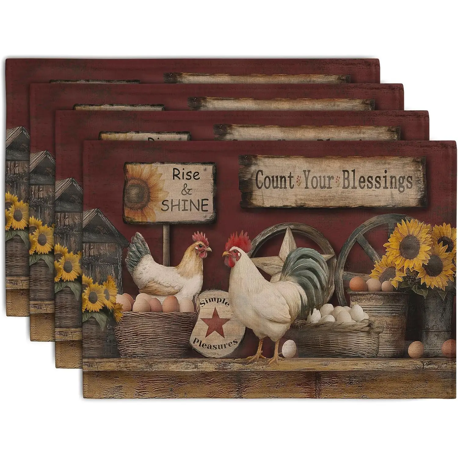 Rooster Placemats Set of 4 Farm Animal Chicken Place Mats 12x18 Inch Vintage Rustic Country Linen Table Mat Washable