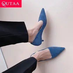 QUTAA 2022 Spring Summer Pointed Toe Classic Women Pumps Genuine Leather Thin Med Heel Shallow Female Shoes Big Size 34-39