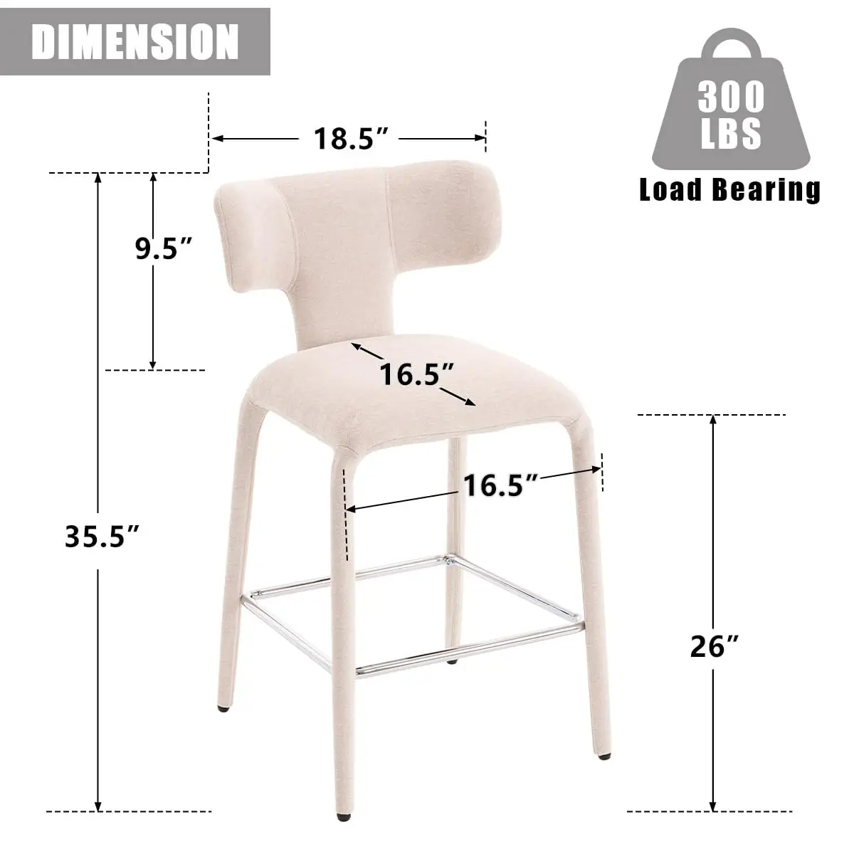 Counter Height Bar Stools Set 4 With Curved Back & Metal Legs, Modern Kitchen Island Home Bar Seating, Beige, Customized