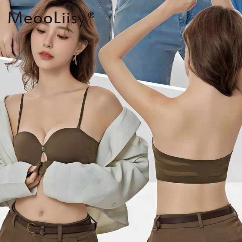 

MeooLiisy Anti Slip Invisible Strapless Bra for Women Front Closure Seamless Push Up Small Chest Lingerie Beauty Back Underwear