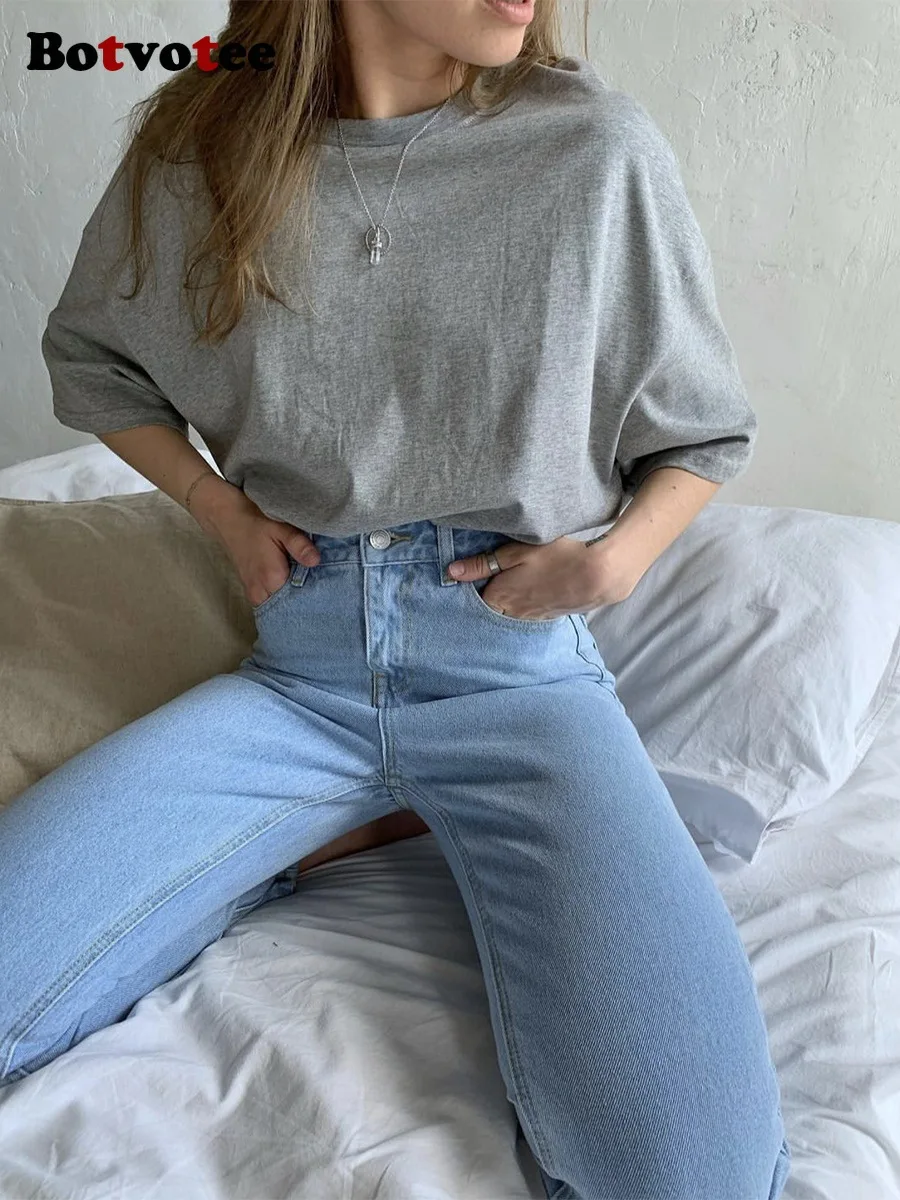 Botvotee الصيف المتضخم الأساسية Soild تي شيرت للنساء Ins موضة 21 ألوان 100% القطن أبيض أسود وردي تي شيرت بلايز عادية #3