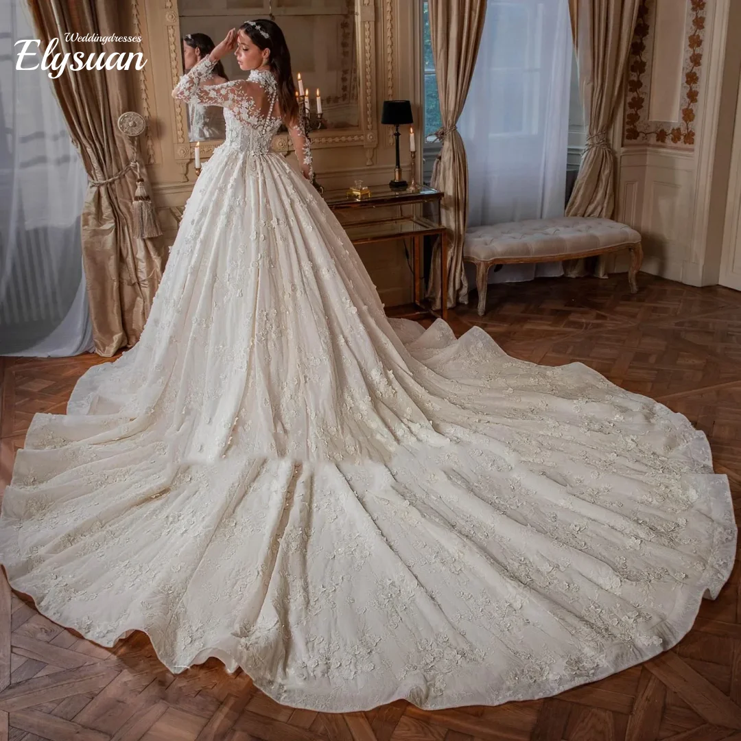 Aangepaste hoge hals baljurk trouwjurken handgemaakte bloemen lange mouw vintage bruidsjurken vestidos de
