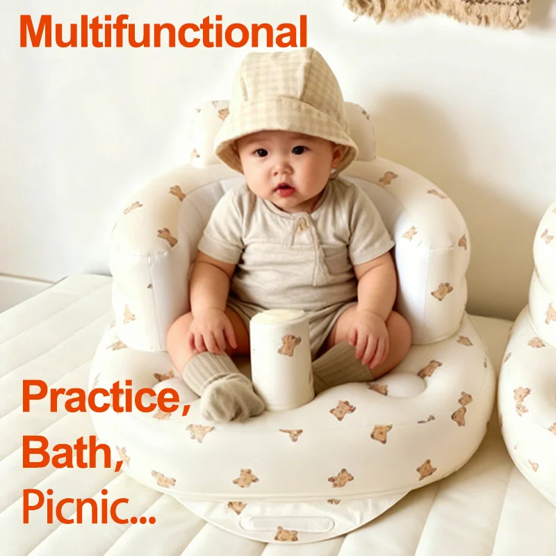 Bear Print Baby Inflatable Sofa Portable Multifunctional Children Puff Learning Seat Practice Sitting Bath Chair Fall Safe Stool