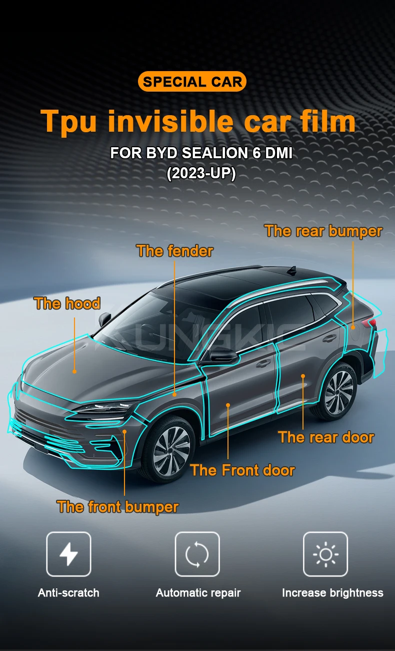 Für BYD SONG PLUS DM-i SEALION 6 DM-i 2023-2025 TPU Scheinwerfer- und Rückspiegel-Folie B- und C-Säulen Vorgeschnittene Kratzschutzfolie – Detail 2