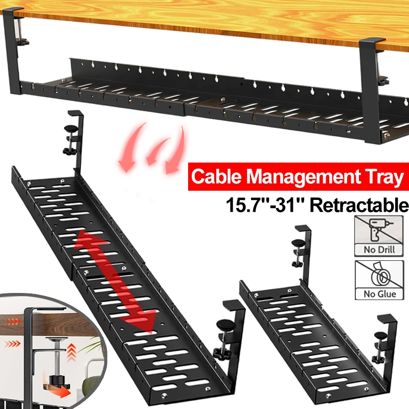 Under Desk Cable Management Tray 15.7"-31" Retractable Metal Wire Organizer Under Table Cord Management with Clamp No Drilling