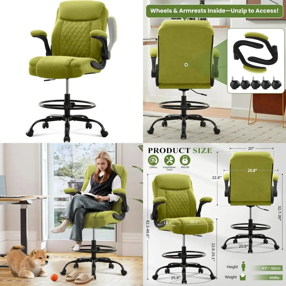 كرسي مكتب قائم مريح وقابل للتعديل مع مساند للذراعين قابلة للطي ودعم قطني وحلقة للقدم للاستخدام المكتبي الطويل #1