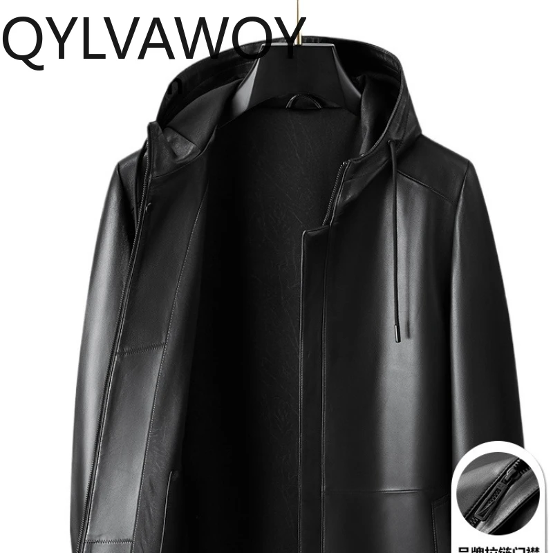 

QYLVAWOY Autumn Winter Real 100% Sheepskin Pierre Cardin Men's Leather Jacket High-End Hooded Business Casual Outerwear LJ2651