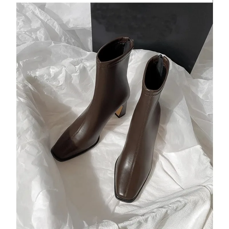 

Fashion Elegant Square Toe Shoes Vintage Warm Cotton Women Ankle Boots Autumn Winter Thick Heel Women's Short Booties