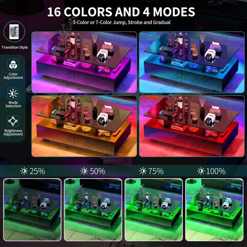 Coffee Table W Storage, High Glossy LED Coffee Tables for, Modern Rectangle Coffe Table,  Table W Open Display Shelf &  Drawers