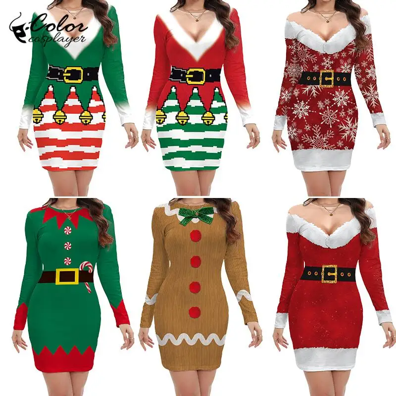 

Color Cosplayer Christmas Elf Dress Sexy Santa Claus Cosplay Costume Halloween Xmas Girls Dress Sheath 3D Printed Carnival Gown