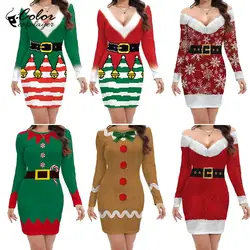 Color Cosplayer Christmas Elf Dress Sexy Santa Claus Cosplay Costume Halloween Xmas Girls Dress Sheath 3D Printed Carnival Gown