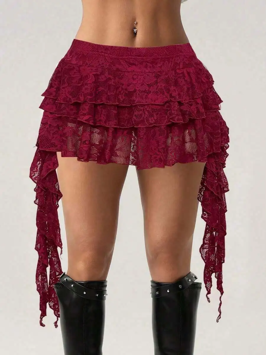 

Low Waist Lace Ruffle Hem Skirt With Safety Shorts Casual Style