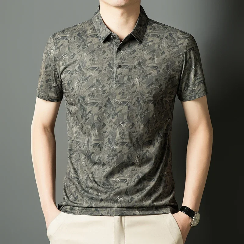

Удивительные шелковистые ледяные крутые рубашки поло для мужчин с коротким рукавом, джентльменские летние качественные мягкие удобные повседневные рубашки с принтом Camisas De Hombre