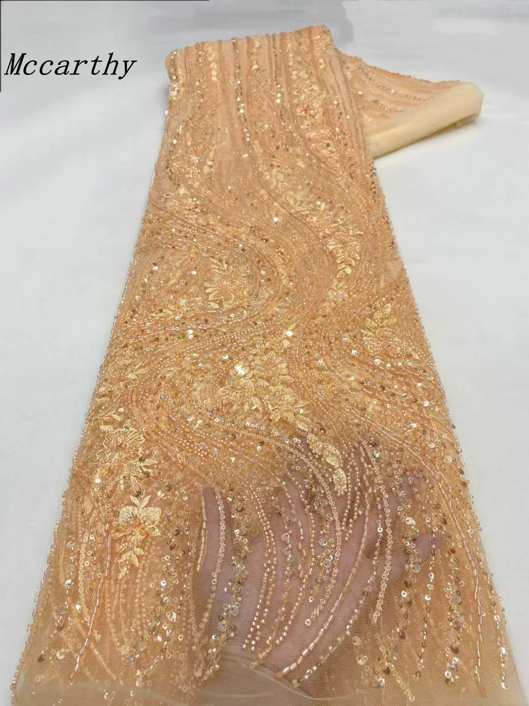 

Mccarthy Elegant French Embroidery Mesh Lace Fabric Luxury Bead And Sequin for African Nigerian Wedding Dresses Fashionable